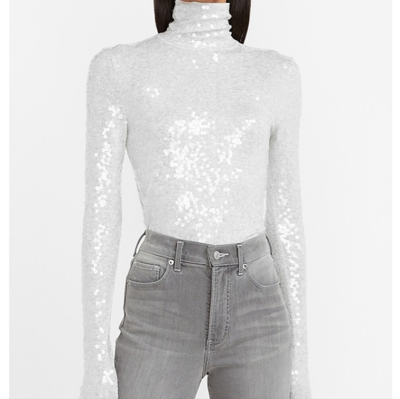 New Express Sequin Mock Neck Long Sleeve Tee Light Grey XS - Picture 1 of 13